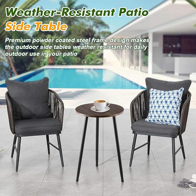 Metal Outdoor Side Tables Set of Two Small Outside Round End Table for Patio Modern Accent Garden Corner Table for Small Spaces, Balcony, Porch, Weather-Resistant Plant Stand Indoor, Woodgrain