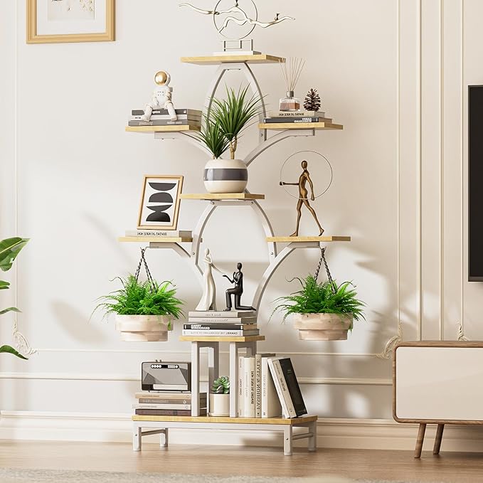 Plant Stand Indoor with 4 Grow Lights - 63" Tall Plant Shelf- 8 Tiered Corner Plant Flower Stands Display Shelves for Home, Patio (White)