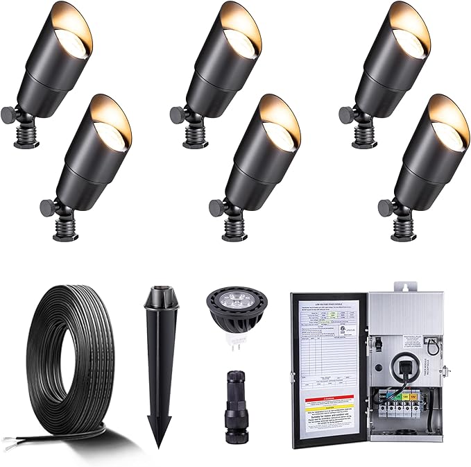 Gardenreet Black Brass Low Voltage Landscape Spotlights(6-Pack) Kit 12V LED with Low Voltage Transformer 150W & Mechanical Timer & 100FT Wire & 30Pack Connectors for Outdoor House Garden Patio