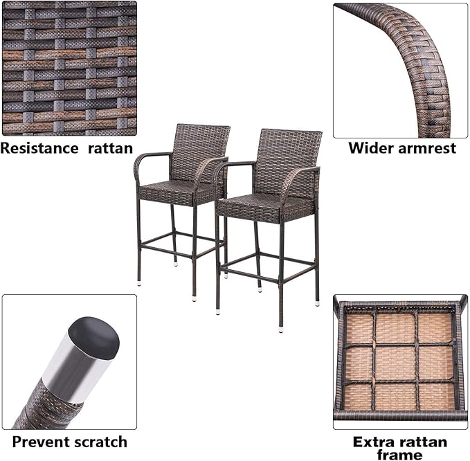 Homall Patio Bar Stools Wicker Barstools Indoor Outdoor Bar Stool Patio Furniture with Footrest and Armrest for Garden Pool Lawn Backyard Set of 2 (Brown)