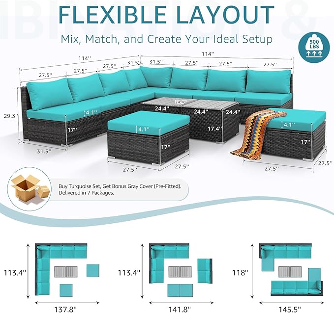 NICESOUL 11 Piece L Shaped Outdoor Conversation Set, 29.3'' High Back Comfy Wicker Patio Sectionals, Large Size Wide & Deep Seat Sofa Couches, 9 Seater Modern Furniture, 2 Color Cushion Teal & Gray