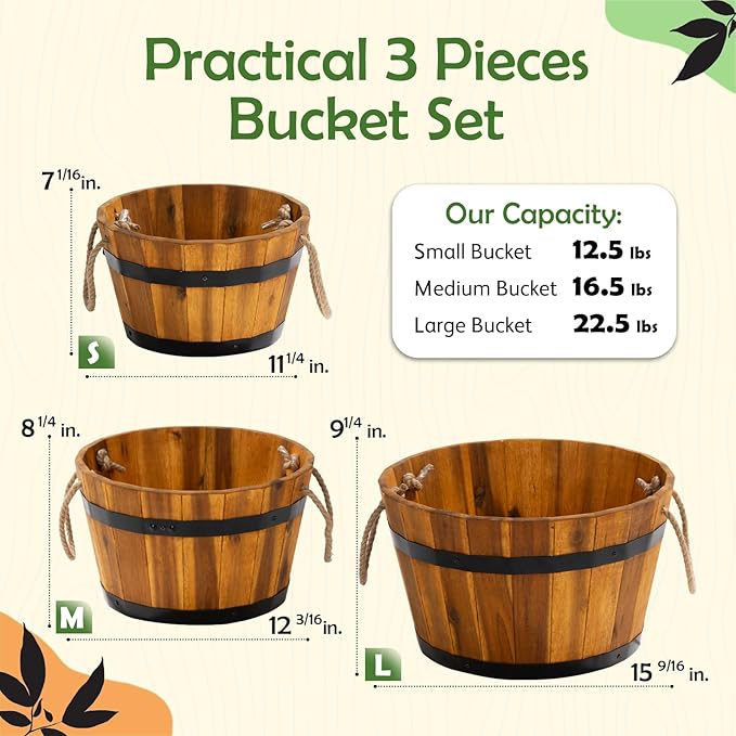 Set of 3 Wooden Flower Boxes Outdoor, Durable Acacia Wood Barrel Planters for Outdoor Plants with Ergonomic Handles, Drainage Holes, Multiple Sizes Wood Bucket Planter for Home Décor