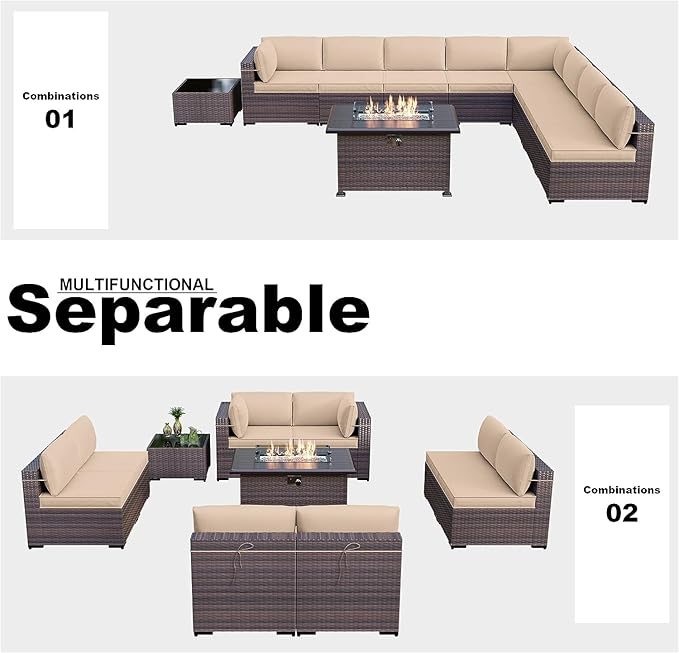 Kullavik 10 Pieces Outdoor Patio Furniture Set with 43" 55000BTU Gas Propane Fire Pit Table PE Wicker Rattan Sectional Sofa Patio Conversation Sets,Khaki