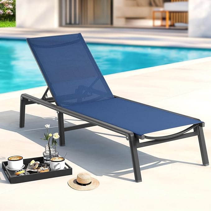 Aluminum Chaise Lounge Chair Outdoor, Foldable & Assembly Free Outdoor Lounge Chair with 5 Position Adjustable Backrest, Patio Pool Lounge Chairs for Outside Poolside Beach Lawn, 1PC, Navy Blue