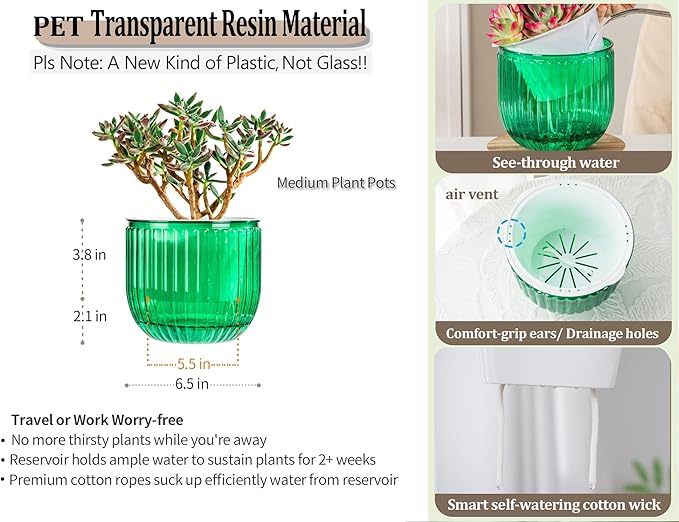 Melphoe Self Watering Pots for Indoor Plants Planter, 6.5 Inch 2 Pack Planters Self Watering Plant Pots for Flower, Houseplants, Succulent, African Violets and Cactus with Drainage