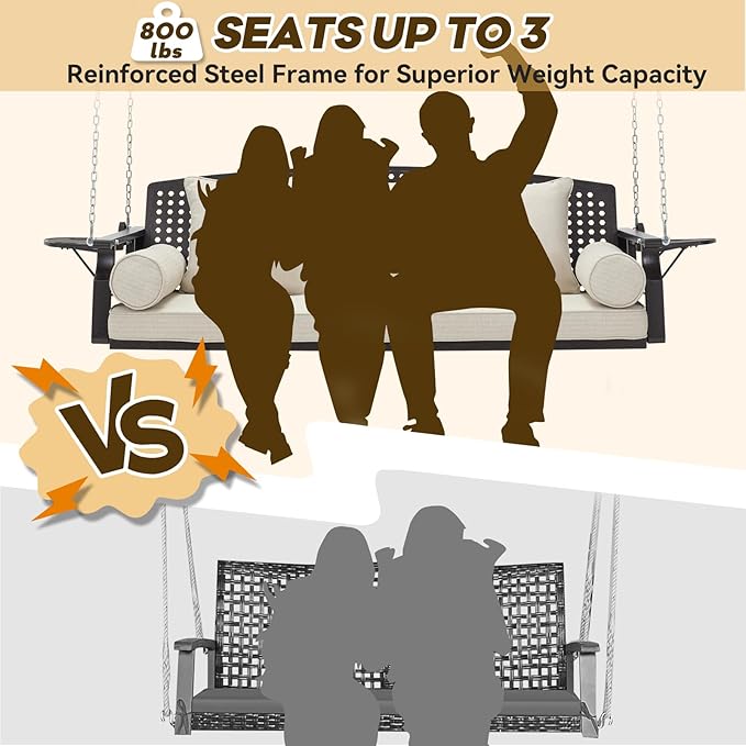 3 Seat Porch Swing, Patio Swing Bench with Cup Holders & 3 Back Cushions, Swing Chair with Chains for Deck Garden Backyard,Beige