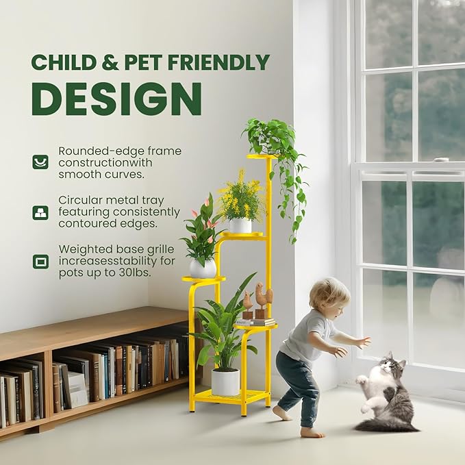 TOSKING 5 Tier Tall Plant Stand Indoor Outdoor, Heavy Duty Corner Shelf for Plants & Decor, Space Saving 3.9FT Metal Flower Pot Stand for Balcony, Garden, Living Room, Patio( Yellow, 5Tier SQ Base)