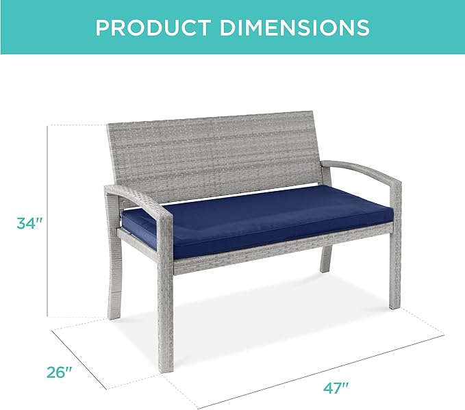 Best Choice Products Outdoor Bench 2-Person Wicker Garden Patio Benches Seating Furniture for Backyard, Porch w/Seat Cushion, 700lb Capacity - Gray/Navy