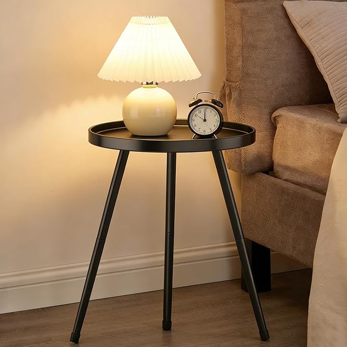 Small Round Side Table Metal End Table Outdoor Black Side Table Mid-Century Modern Accent Table for Office Bedroom Balcony and Small Spaces.