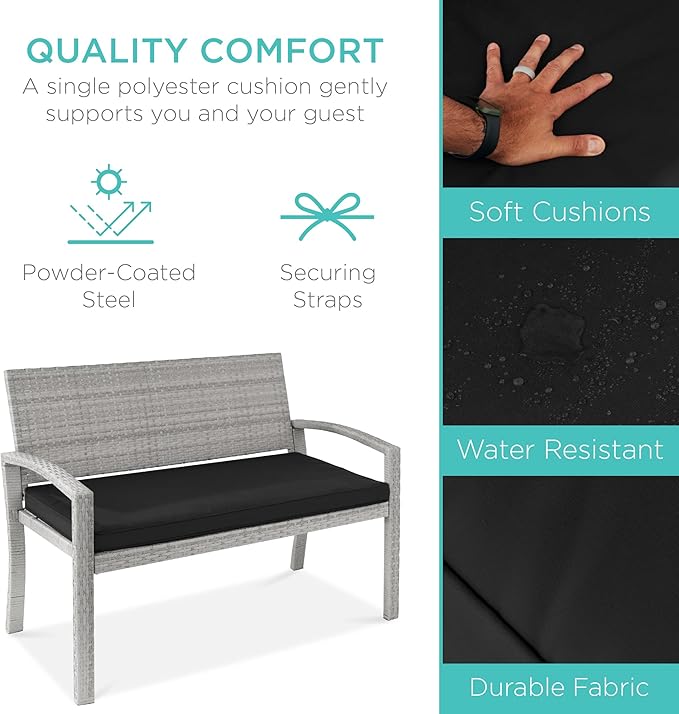 Best Choice Products Outdoor Bench 2-Person Wicker Garden Patio Benches Seating Furniture for Backyard, Porch w/Seat Cushion, 700lb Capacity - Gray/Black