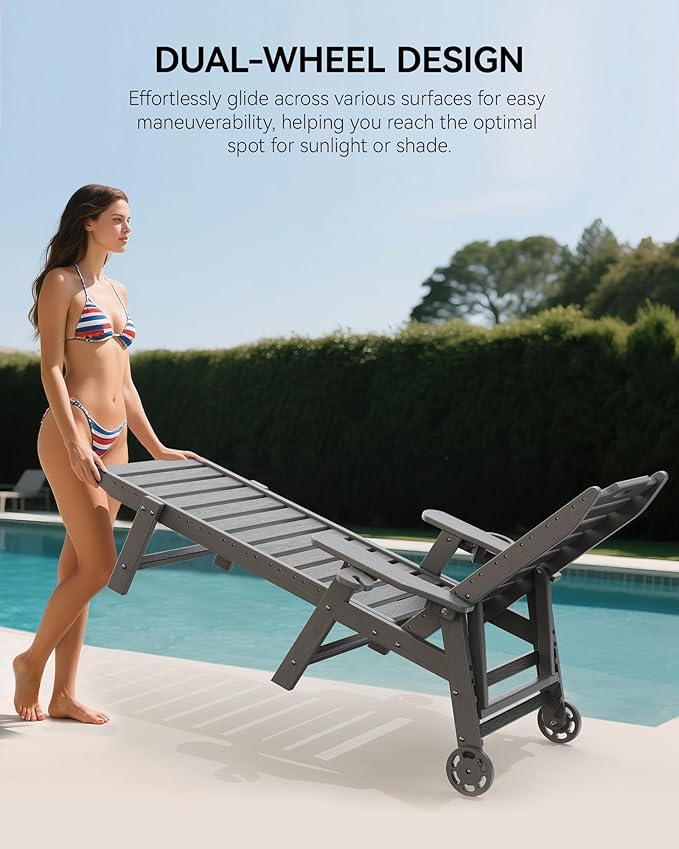 Carauci Lounge Chair Outdoor, HDPE Chaise Lounge with Wheels, 5-Position Adjustable Backrest & 2 Cup Holders Patio Lounge Chair, All-Weather Pool Sun Lounger for Poolside, Backyard, Grey