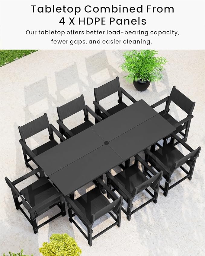 9-Piece Outdoor Dining Set, HDPE Weatherproof Patio Table and Chairs Set for 8, Outdoor Patio Furniture Sets with Umbrella Hole for Outside, Deck, Backyard, Garden (Black)
