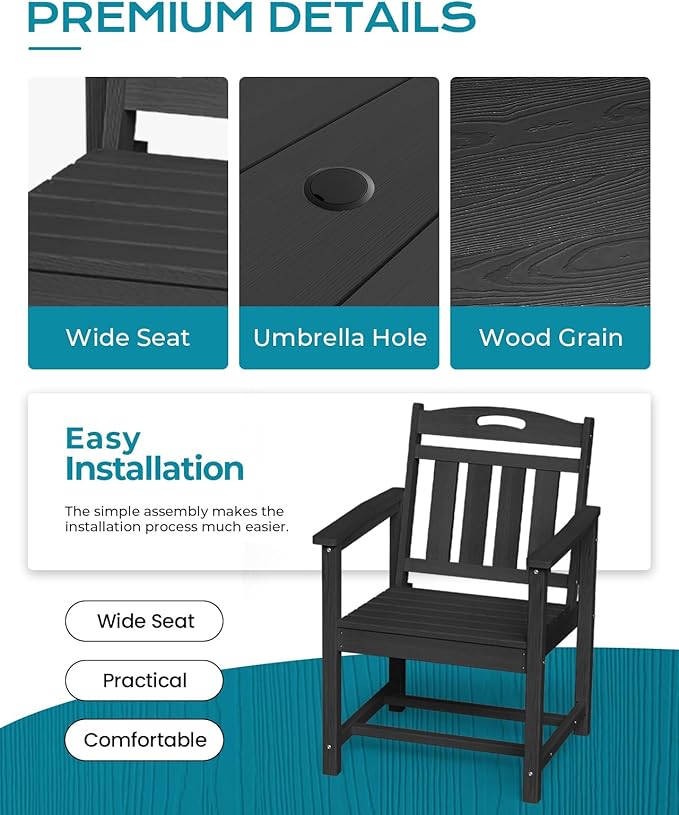 Ciokea Outdoor Patio Dining Chair, HDPE Porch Chairs for Dining Table, All-Weather Durable Outdoor Furniture for Backyard, Garden, Lawn & Poolside, Black