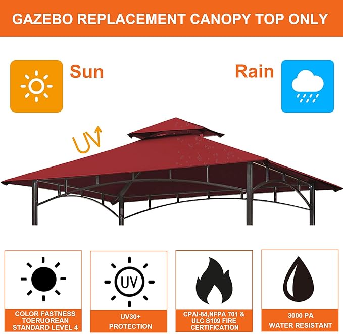 Eurmax USA High Performance Grill Gazebo Canopy Replacement Cover 5x8 BBQ Gazebo Shelter Top（Burgundy）