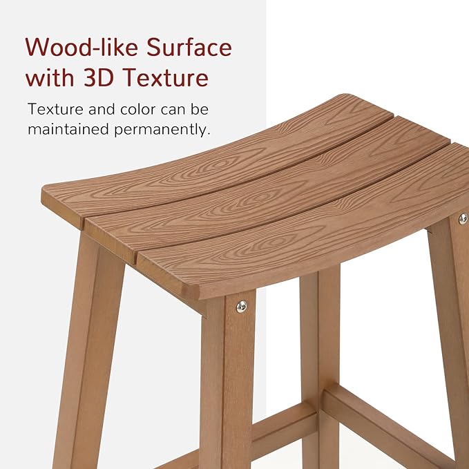 All-Weather Bar Stools Set of 2, 28" Height Outdoor Barstools with 400 lbs Weight Capacity, Looks Like Real Wood, for Bar, Kitchen Counter, Pool, and Patio, Teak