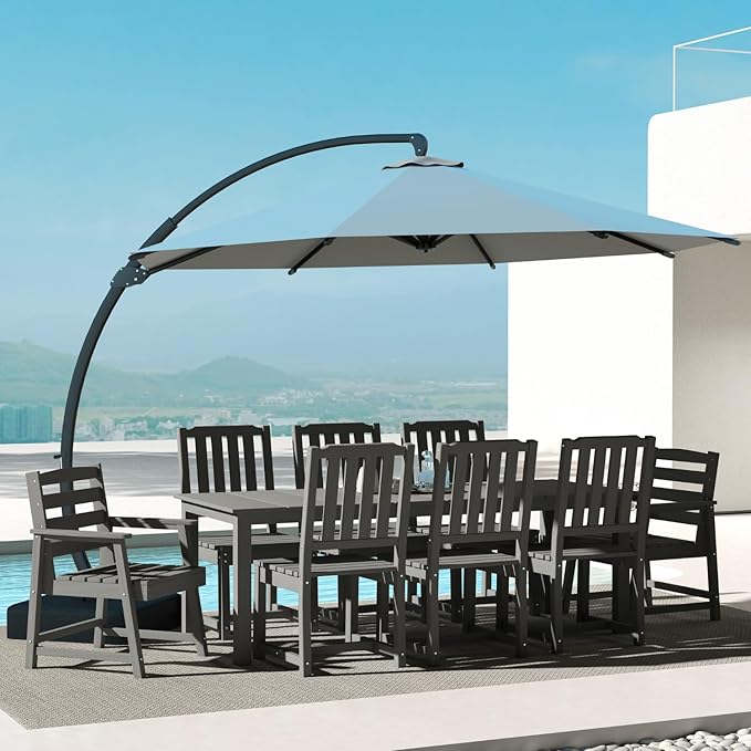 9-Piece Grey Outdoor Dining Set with Beige 11FT Large Patio Umbrella, 75.2'' HDPE Table & Chairs for 8, Weather-Resistant Furniture with Umbrella Hole for Patio, Lawn, Poolside