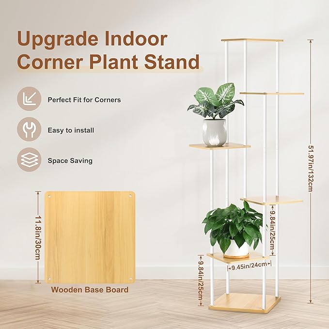 6 Tier Plant Stand Indoor Outdoor, Wood Metal Corner Shelf, Multiple Flower Pot Rack Holder Shelves, Planter Shelf Display Storage Organizer White