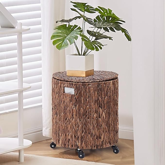 Wimarsbon Round Pouf Ottomans, Handwoven Natural Water Hyacinth Seagrass Pouffe,Outdoor Rattan Stool Accent Seat, Bohemian Coastal Home Decor (Storage Ottoman - Dark Water Hyacinth Braid)
