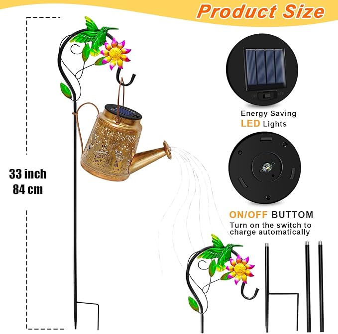 Solar Lights Outdoor Waterproof Garden Decor,Solar Watering Can Lights Hummingbird lanterns,Birthday Gifts for Mom Women,Decorative Outside Metal Hanging Fairy String Light for Yard Art Patio Porch