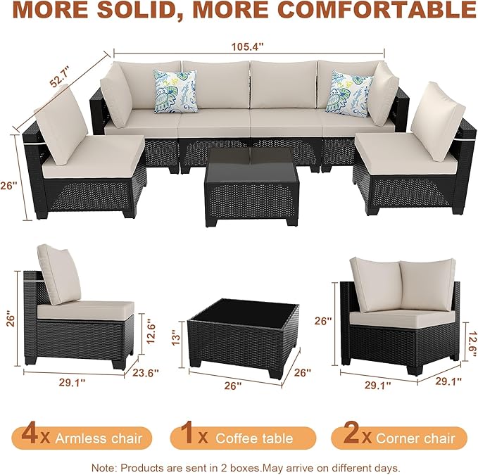 Outdoor Wicker Patio Furniture Set, Rattan Sectional Sofa Set with Thick Cushions (Coffee/Beige, 7 Piece Sofa Set)