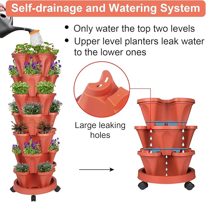GameXcel Vertical Planter 7 Tier Stackable Planters Garden Planters Strawberry Herb Flower and Vegetable Planter Indoor Outdoor Gardening Pots with Removable Wheels and Tools - Red