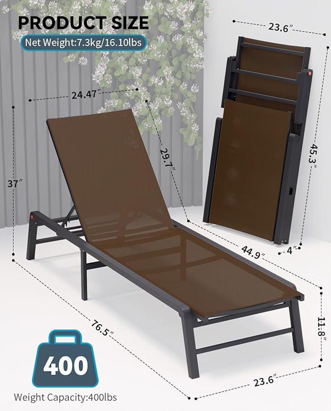 Aluminum Chaise Lounge Chair Outdoor, Foldable Patio Lounge Chair Assemble-Free, Pool Lounge Chairs with 5 Adjustable Backrest, Outdoor Lounge Chairs for Outside Poolside Beach Lawn Brown