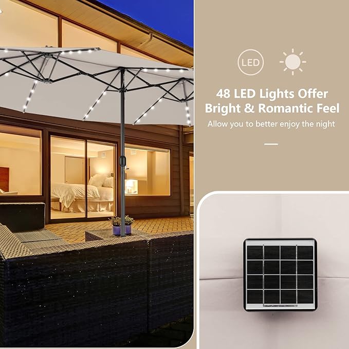 Tangkula 11 Pieces Rattan Outdoor Dining Set with 15Ft Solar Patio Umbrella for 8, Outdoor Wicker Table Set with 8 Cushioned Chairs, Acacia Wood Top, Outdoor Umbrella with Base Included