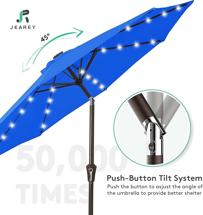 JEAREY 9FT Outdoor Patio Umbrella with Solar Lights, LED Lighted Pool Umbrella with Tilt and Crank, Outdoor Table Umbrellas for Deck, Yard & Market (Royal Blue)