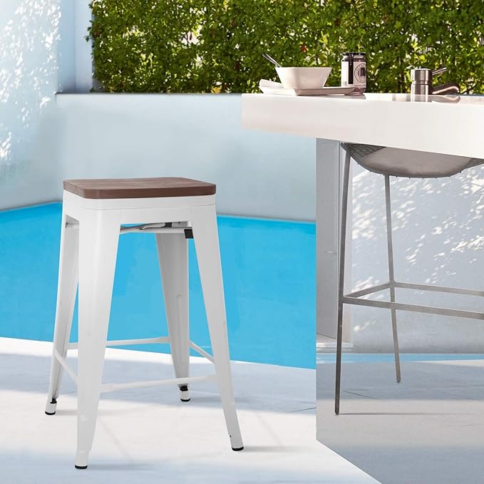 FDW Metal Bar Stools Counter Height Barstool Stackable Barstools Indoor Outdoor Patio Bar Stool Home Kitchen Dining Stool Backless Bar Chair (White with Wood, 24")