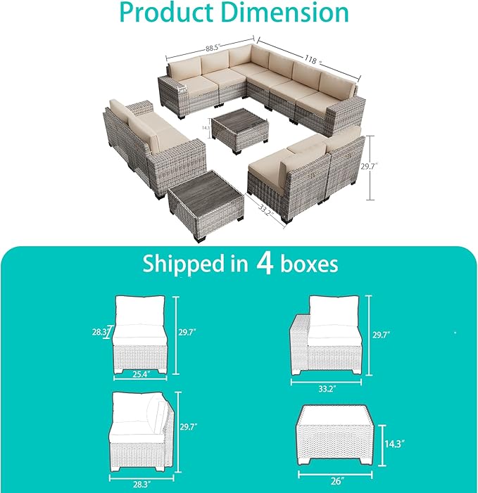 12-Piece Outdoor Patio Furniture Set Wicker Sectional Sofa Set, Patio Conversation Set with Thickened Cushions & Coffee Table for Garden, Backyard, Poolside, Sand