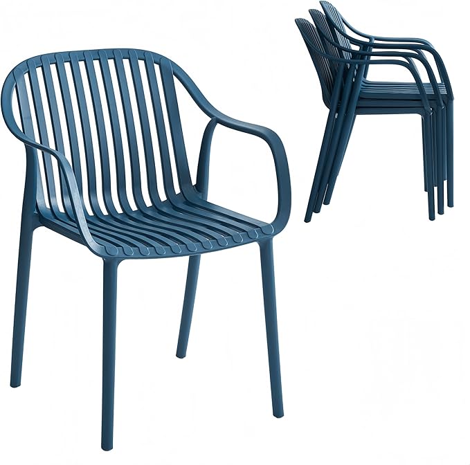 Modern Stackable Outdoor & Indoor Plastic Dining Chairs Set, Armchairs Set, Weather-Resistant, Ideal for Patios, Cafes, and Home Use, Set of 4 (Blue)
