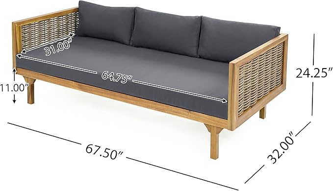 Merax 67.5" Outdoor Patio Daybed 3 Seater Sofa Bed,Acacia Wood Frame with Rattan Arm,Cushion & Pillow for Garden