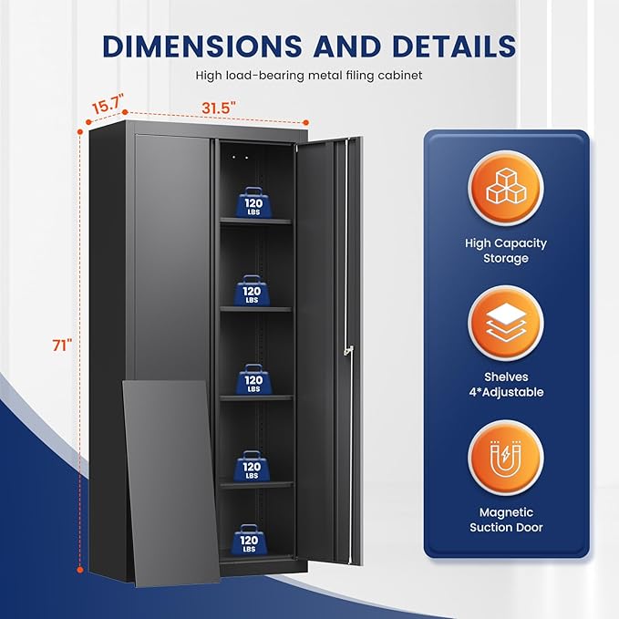Yizosh Metal Garage Storage Cabinet with 2 Doors and 4 Adjustable Shelves - 71" Steel Lockable File Cabinet,Locking Tool Cabinets for Office,Home,Garage,School,Gym
