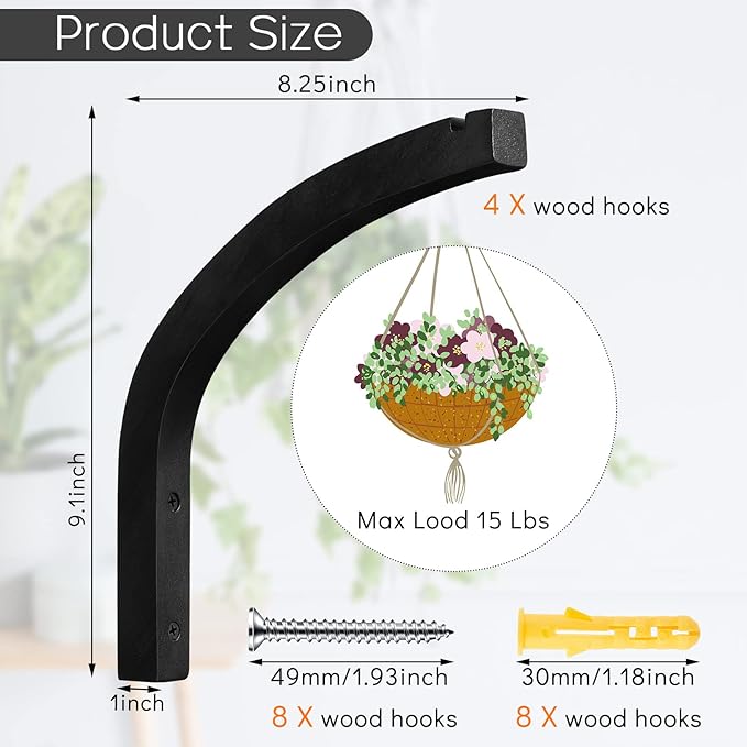 Juexica 4 Pcs Plant Hanger Wooden, 8 Inch Hanging Plant Hooks for Indoors and Outdoor, Wall Mounted Hanging Hook Brackets for Planters Lanterns Wind Chimes and Bird Feeders Patio Decor(Black)