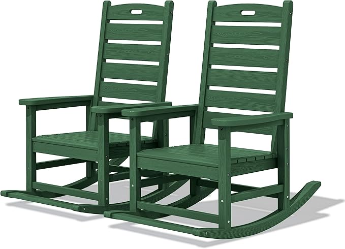 SERWALL Outdoor Rocking Chair Set of 2, Oversized Rocking Chair with Footboard for Adults, HDPE All Weather Resistant Rocking Chairs for Patio, 350lbs Weight Capacity,Green