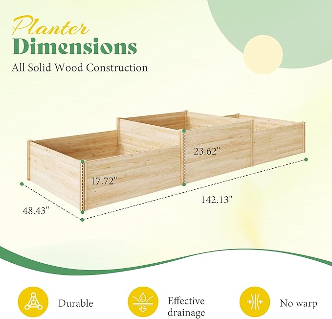 AMERLIFE 2 Tier Raised Garden Bed, Mortise & Tenon Structure 23 Inch Depth Fir Wood Planter Box, 3-Section with Open Base, Ideal for Vegetables, Flowers, Herbs in Backyard/Garden/Patio, 142x49x24 in