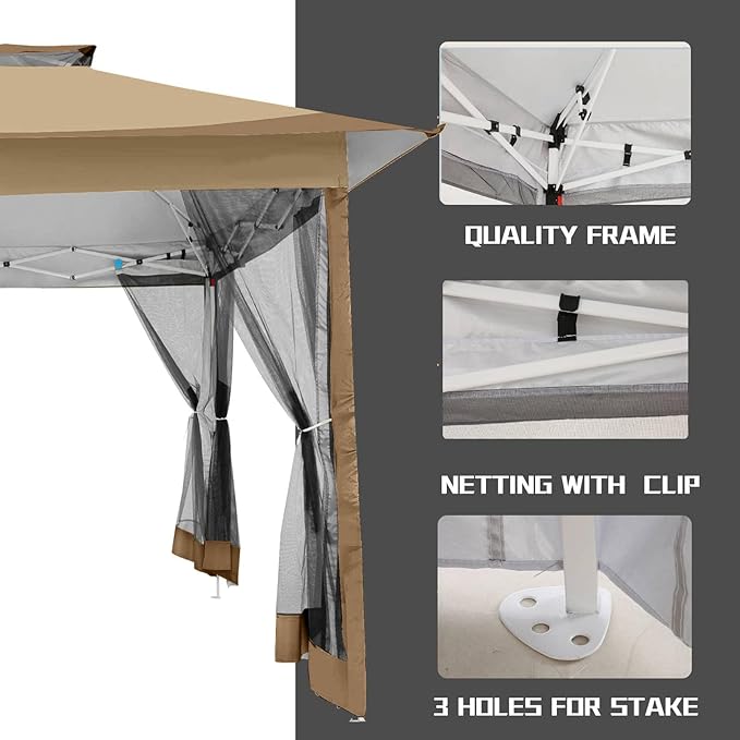COBIZI 12x12 Pop Up Gazebo On Clearance Canopy Tent- Upgrade Metal Outdoor Canopy Waterproof - Portable Gazebo with Mosquito Nettings, 4 Ropes 8 Stakes and Carry Bag for Patio Garden(Coffee)