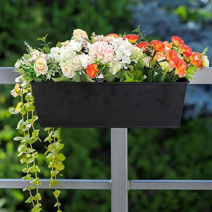 3 Pack Metal Railing Planters, 16 Inch Large Rectangular Hanging Flower Pots with Detachable Hooks & Drainage Holes, Fits Rails up to 2.5", Galvanized Iron Window Box for Balcony Garden - Black