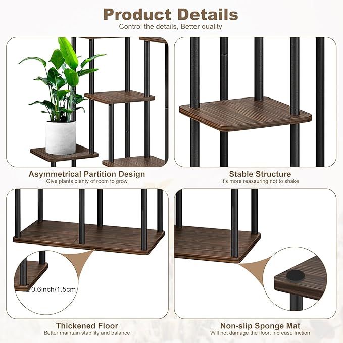 7 Tier Plant Stand Indoor, Thickened Metal Wood Corner Plant Shelf Stands for Multiple Plants, Indoor Tall Plants Stand Tiered Flower Holder for Living Room Patio Garden Balcony(Black+Oak)