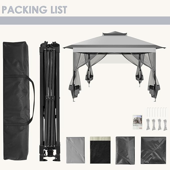 COBIZI 11x11 Pop Up Gazebo One-Push Canopy Tent, Carpas Para Patio, Outdoor Canopy Shelter with Double Roof Ventiation 121 Square Feet of Shade for Lawn, Garden, Backyard and Deck, Gray (Upgraded 2.0)