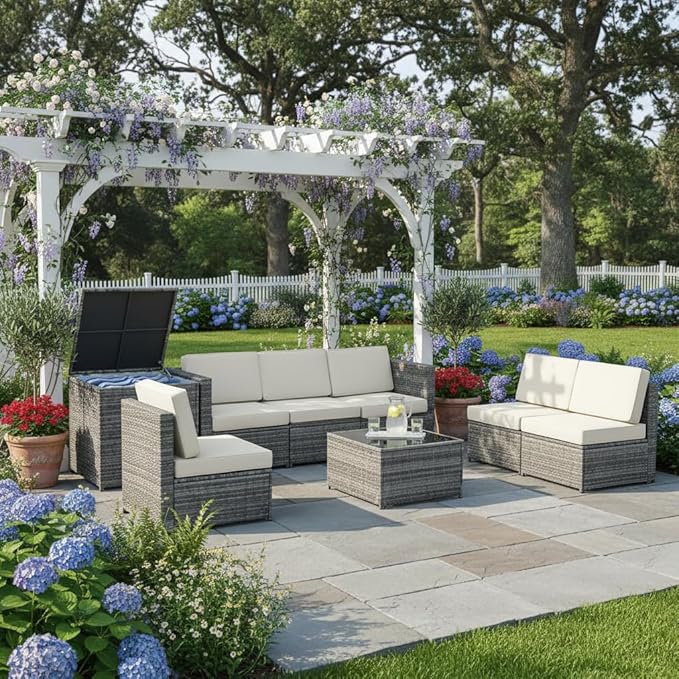 Tangkula 8 Pieces Wicker Patio Furniture Set with Storage Deck Box, PE Rattan Outdoor Sectional Sofa Conversation Set with Coffee Table & Cushions, Outside Furniture for Garden Yard Poolside (White)