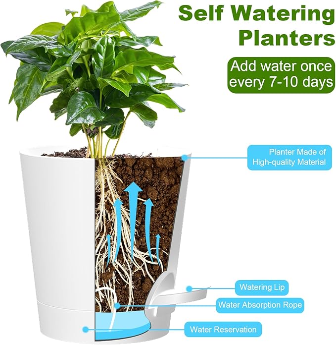 Self Watering Pots, 7/6.5/6/5.5/5/4 inch Flower Pots with Multi Mesh Drainage Holes, Small Platic Planters for Indoor Outdoor Garden Plants and Flowers (White, 7"+6.5"+6"+5.5"+5"+4")