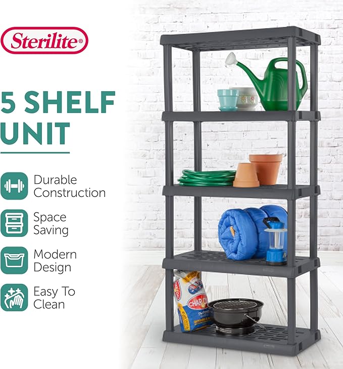 Sterilite 4-Pack 5 Shelf Unit, Heavy-Duty Shelving Storage Rack for Home and Garage, Gray - Multipurpose Plastic Organizer Shelves for Smart Organization