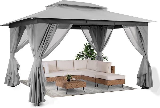 LAUSAINT HOME Semi-Permanent Outdoor Patio Gazebo 10'x13', Heavy Duty Party Tent Shelter with Double Roofs, Mosquito Nettings and Privacy Screens for Backyard, Garden, Lawn, Gray