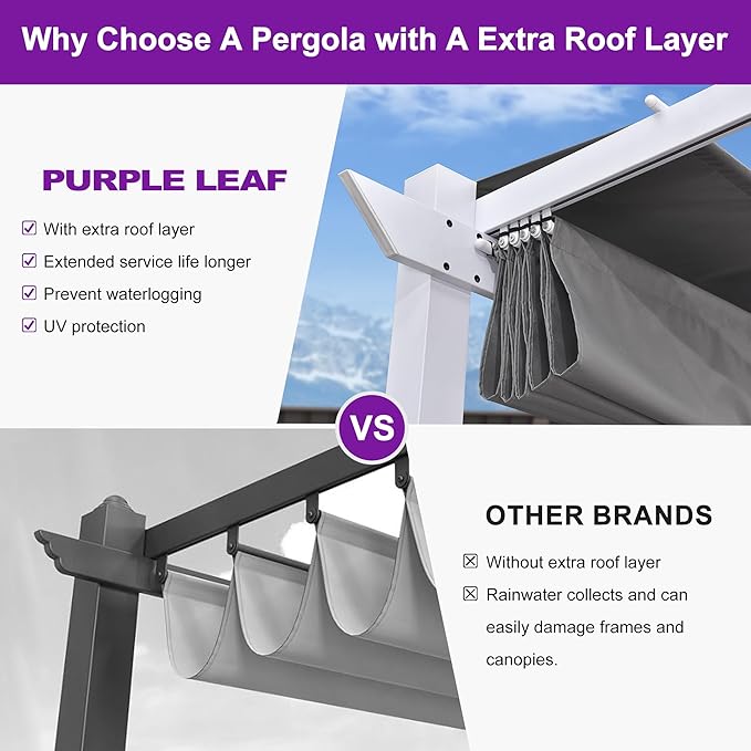PURPLE LEAF Outdoor Retractable Pergola with Curtains 10' x 13' White Patio Aluminum Pergola with Sun Shade Canopy for Backyard Deck Garden Modern Metal Pergola, Gray