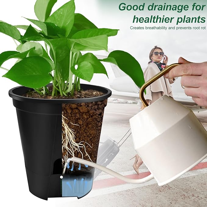 Cdd's Path 5-Pack 6 Inch Naked Root Planter Self Watering Pots Set with Holes for Indoor/Outdoor Plants, Planter Pot with Watering Hole/Reservoir and Air Pipes, Black