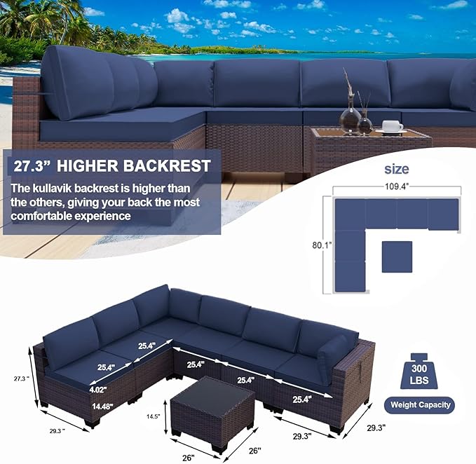 Kullavik 7 Pieces Outdoor Patio Furniture Set PE Wicker Rattan Sectional Sofa Patio Conversation Sets,Navy Blue