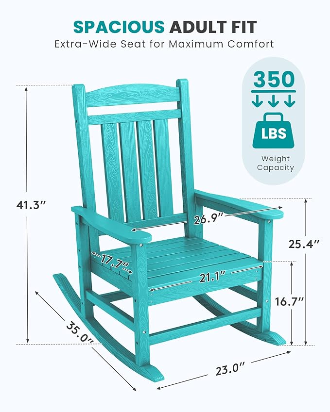 SERWALL Oversized Outdoor Rocking Chair, All-Weather Patio Rocking Chair, HDPE Porch Rocker for Adults, Aruba Blue
