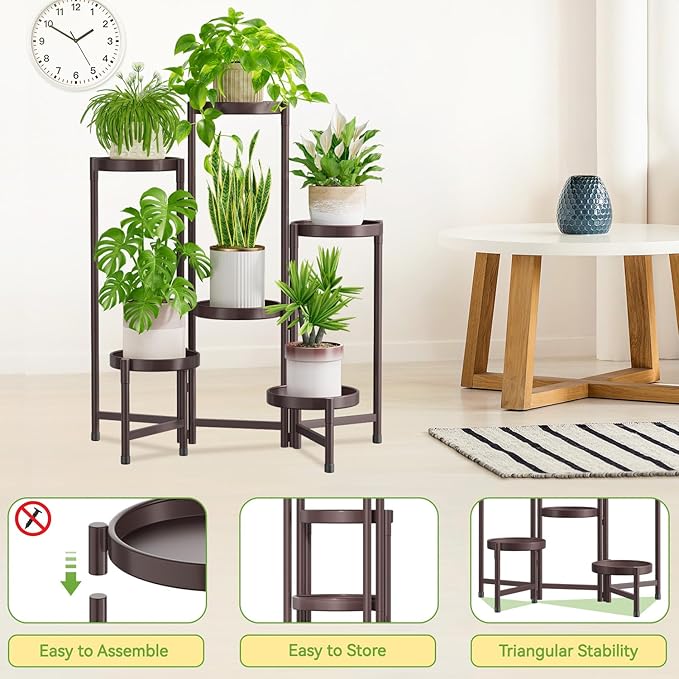 iDavosic.ly Plant Stand Indoor Outdoor, 6 Tier Corner Metal Flower Display Holder Shelf, Easy Assembly Folding Tall Orchid Rack for Patio Balcony Porch Garden Living Room House, Violet Bronze