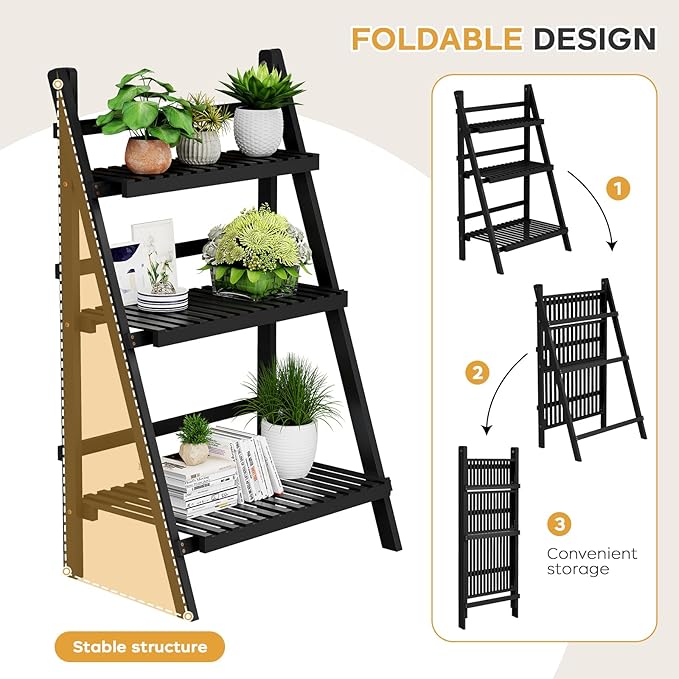 39.4" Foldable Plant Shelf Ladder Shelf, 3 Tier Bamboo Ladder Flower Pot Display Shelf, Freestanding Ladder Bookshelf for Garden, Balcony, Yard, Living Room, 23.6" W x 15" D x 39.4" H, Black